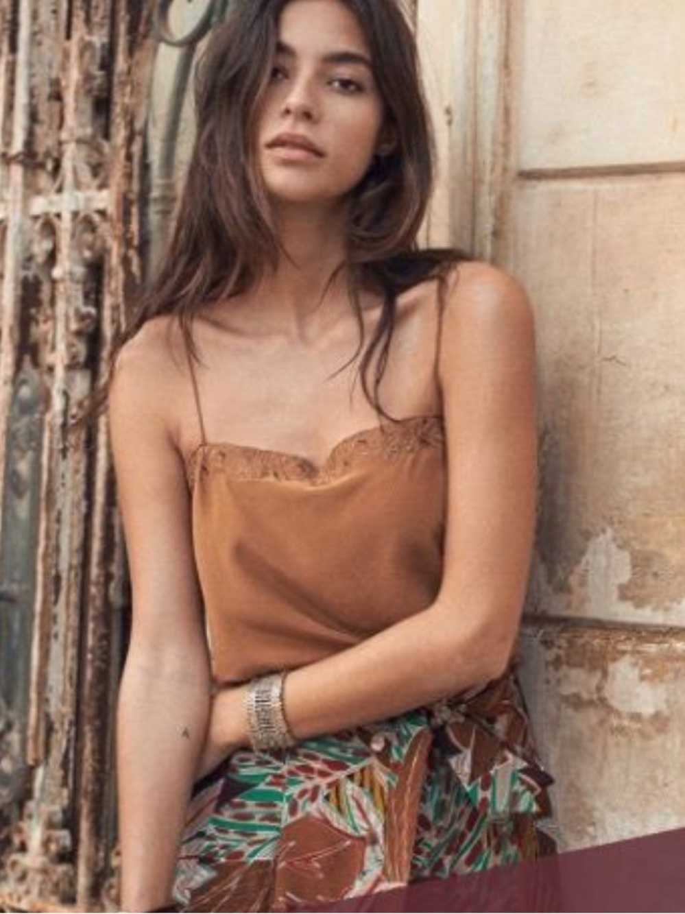 Sezane Satin Lace-Trim Cami in Warm Brown